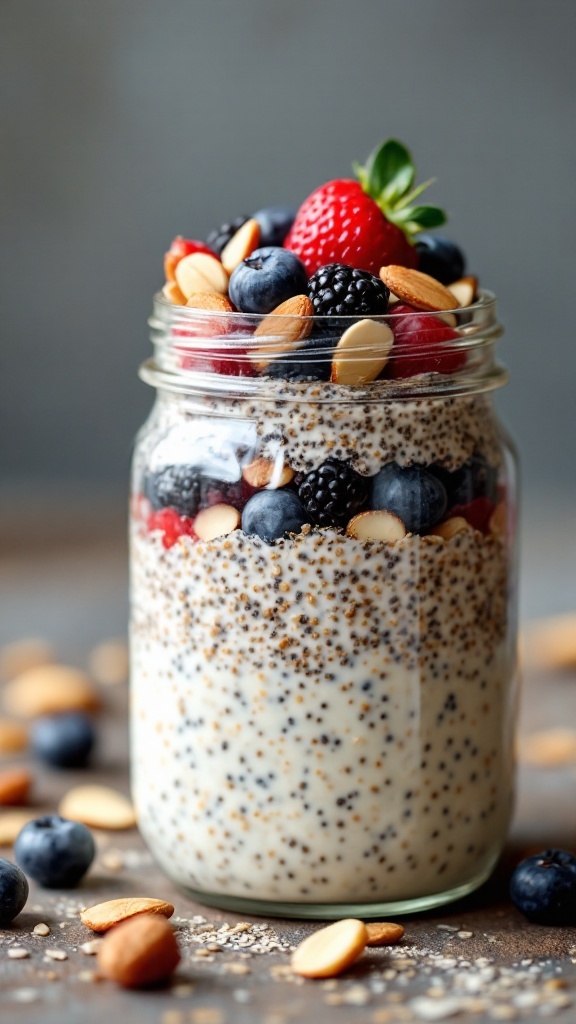 Avena nocturna en un frasco con frutas y almendras