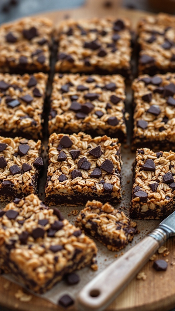 Barras de granola con chocolate oscuro, cortadas en porciones y presentadas en una tabla de madera.