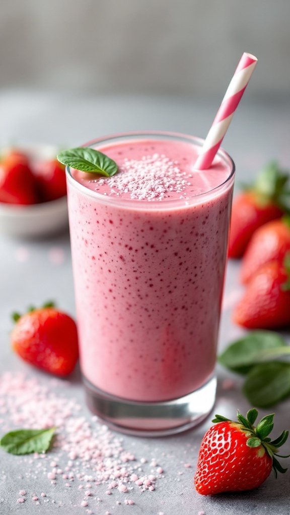 Un batido rosa de fresas y espinacas en un vaso con una pajilla y fresas alrededor.