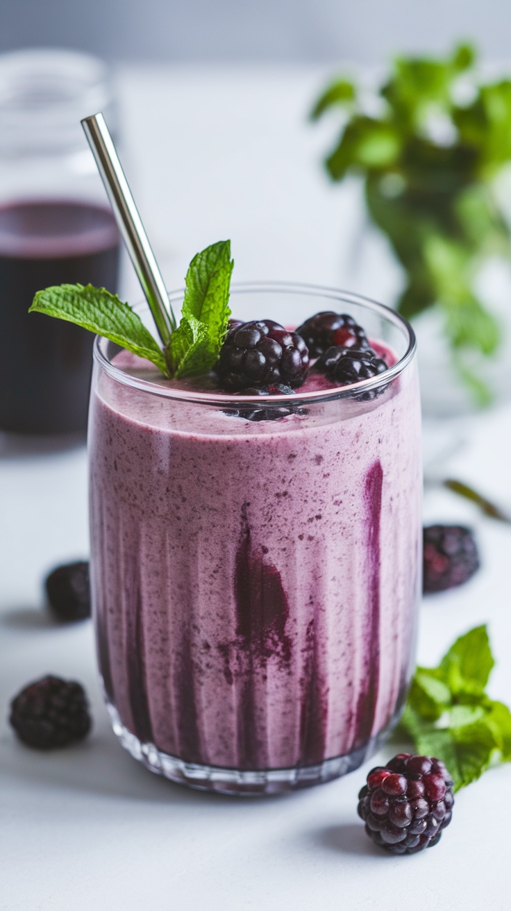 Smoothie de mora con yogur griego en un vaso con una pajilla y decorado con moras y menta.