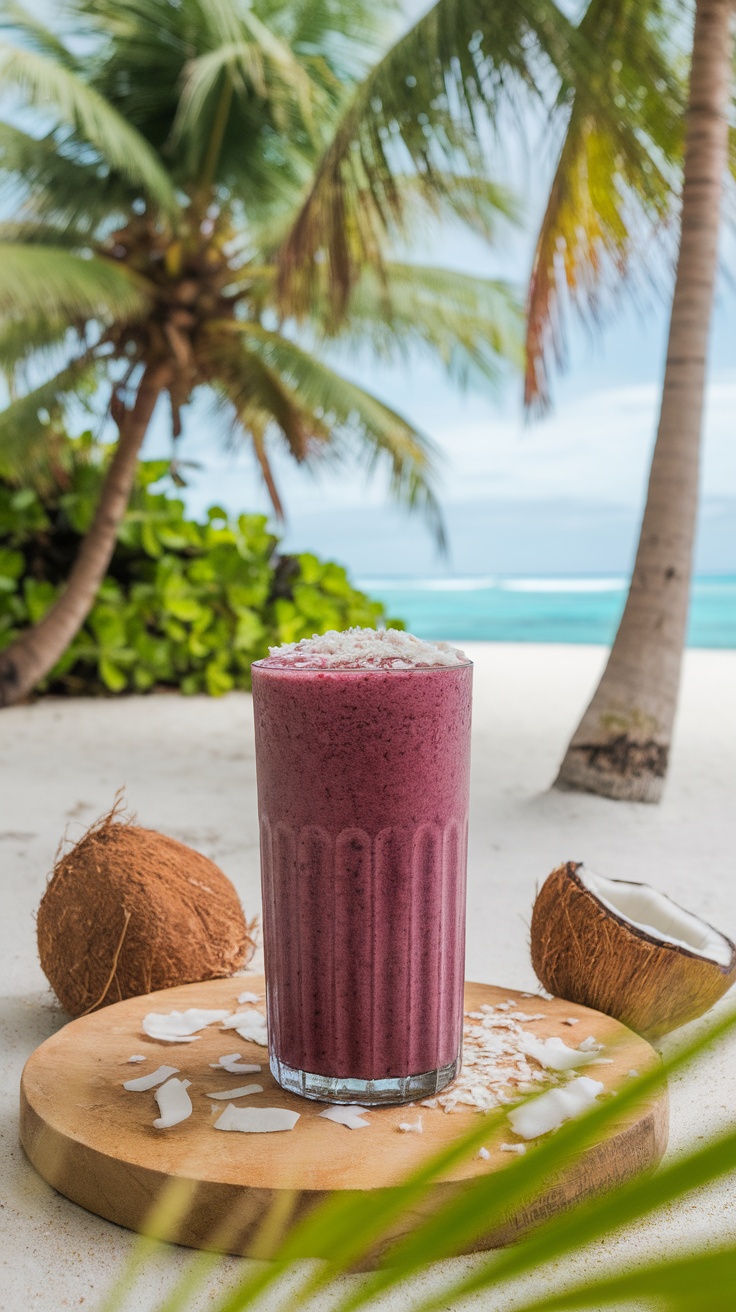 Batido energético de mora y coco en un entorno tropical con palmeras y cocos