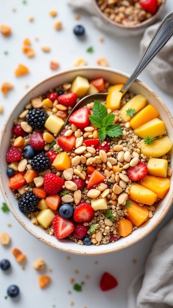 Bowl de quinoa con frutas frescas y nueces, decorado con hojas de menta.