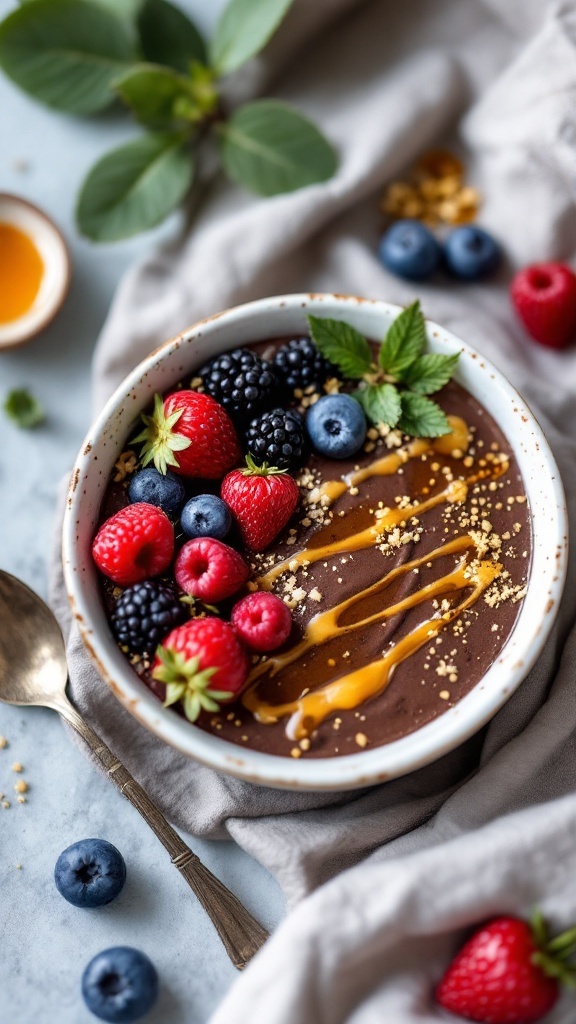 Un tazón de chía pudding con cacao decorado con fresas, arándanos, moras, y un hilo de miel.