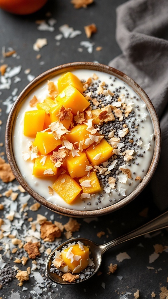 Un tazón de chía pudding con mango y coco, decorado con copos de coco y semillas.