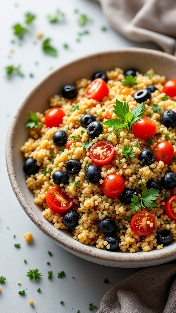 Ensalada de quinoa con aceitunas y tomates cherry en un bol.