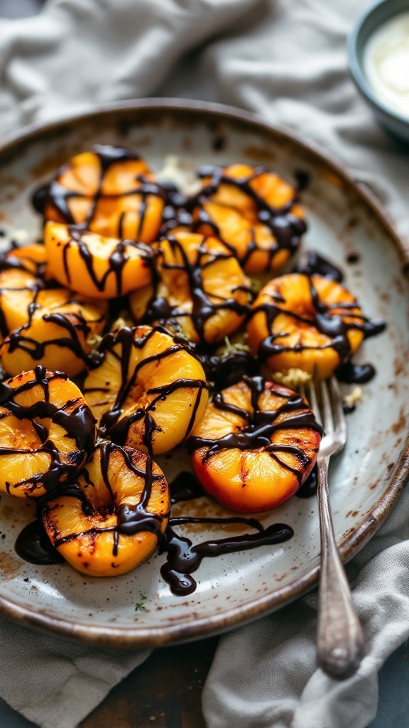 Plato de frutas asadas con chocolate derretido, mostrando duraznos y chocolate sobre un fondo gris.