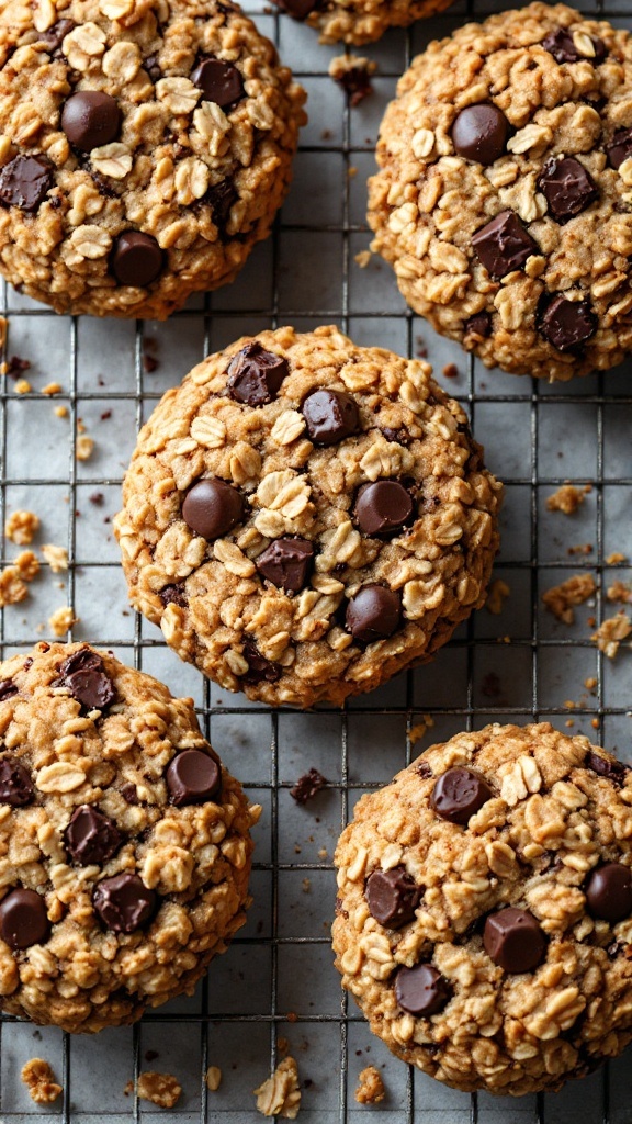 Galletas de avena y chocolate oscuro recién horneadas sobre una rejilla