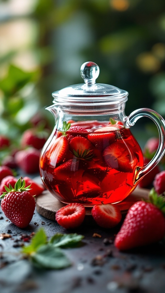 Té de frutas rojas en una tetera de vidrio con fresas frescas alrededor.