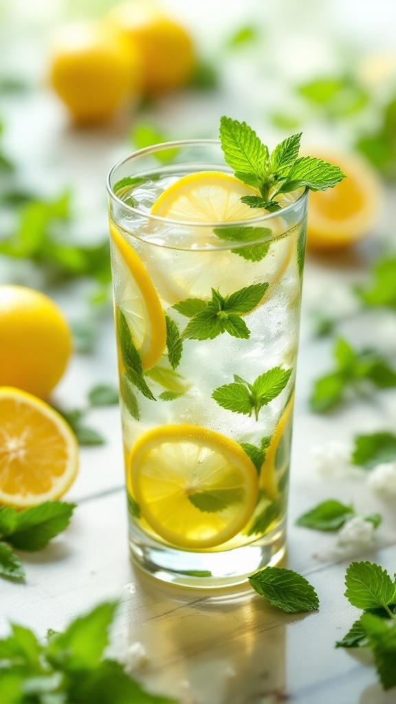 Vaso de infusión de menta con limón, decorado con rodajas de limón y hojas de menta