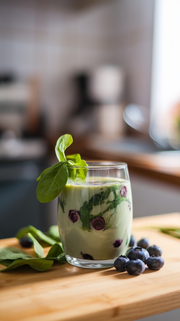 Jugo energético de arándano y espinaca en un vaso con hojas de espinaca y arándanos alrededor.