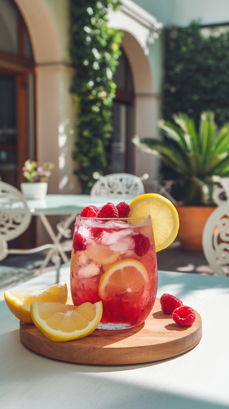 Un vaso de jugo de frambuesa y limón con rodajas de limón y frambuesas frescas, servido en un entorno luminoso y fresco.