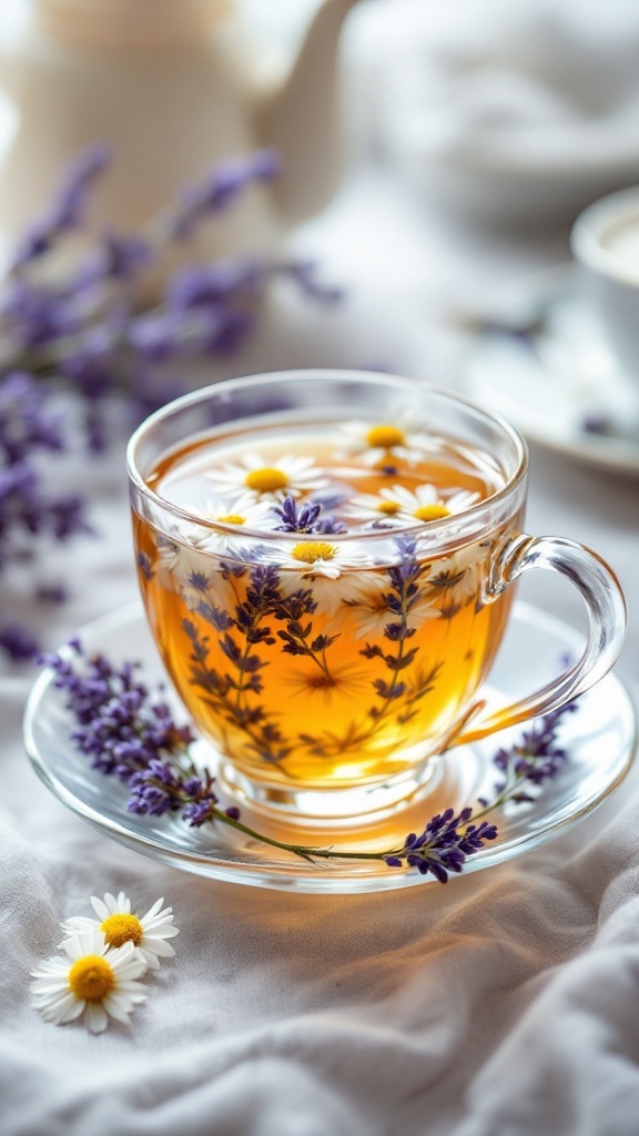 Taza de té de manzanilla con lavanda, decorada con flores frescas.