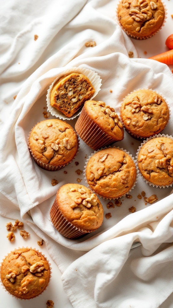 Muffins de zanahoria y nueces sobre un paño blanco, algunos enteros y uno cortado por la mitad.