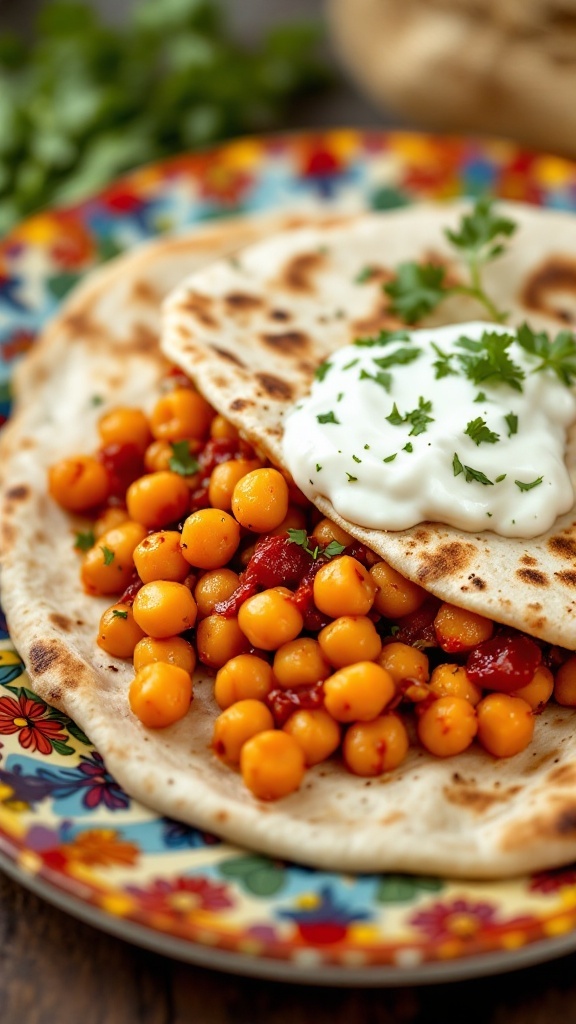 Pan de pita relleno de garbanzos y yogur, servido en un plato colorido.