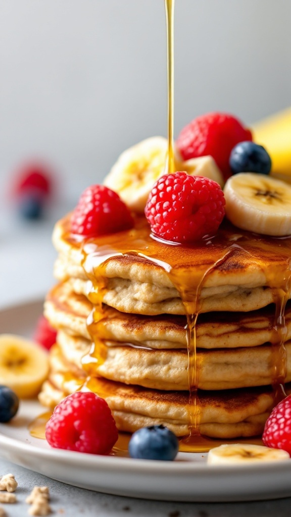 Panqueques de avena y plátano con fresas, plátano y miel.