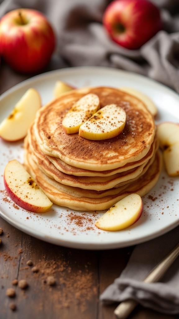 Panqueques apilados con manzana y canela, servidos en un plato con rodajas de manzana.