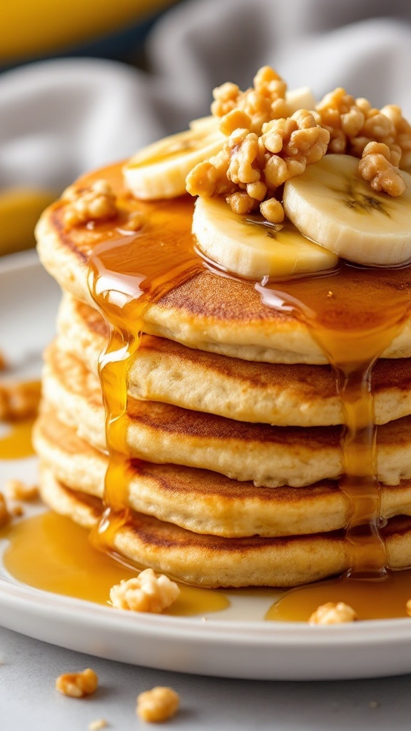 Pancakes de plátano y avena con rodajas de plátano y jarabe