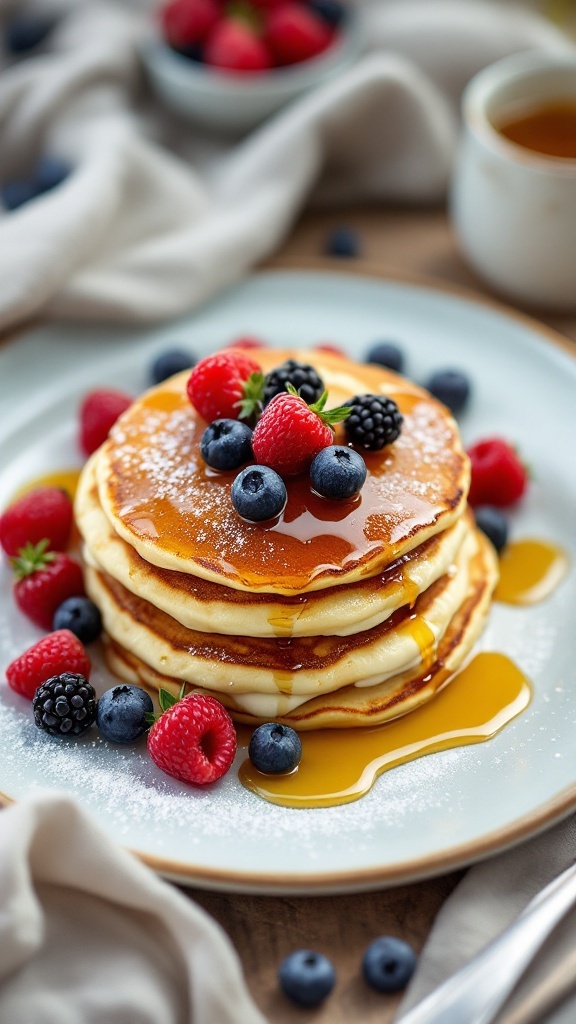 Panqueques de yogur griego con frutas y jarabe.