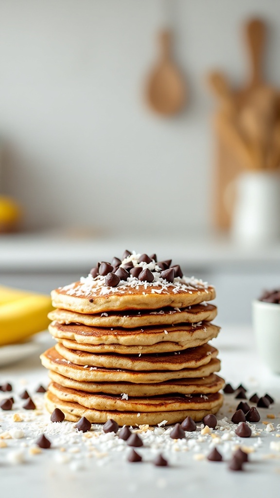 Apilamiento de panqueques veganos de plátano decorados con chispas de chocolate.