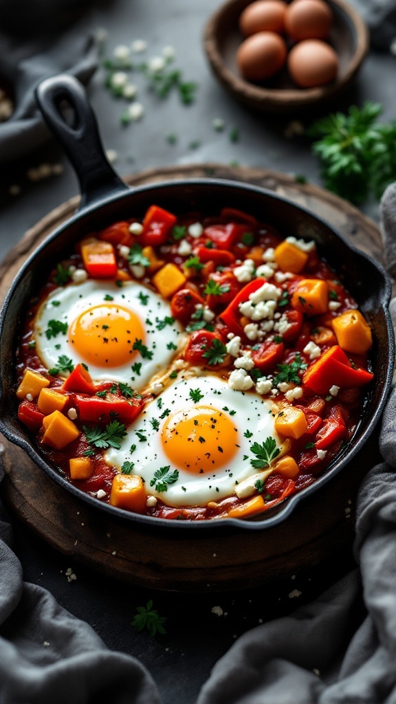 Plato de shakshuka con pimientos rojos y huevos en una sartén de hierro fundido