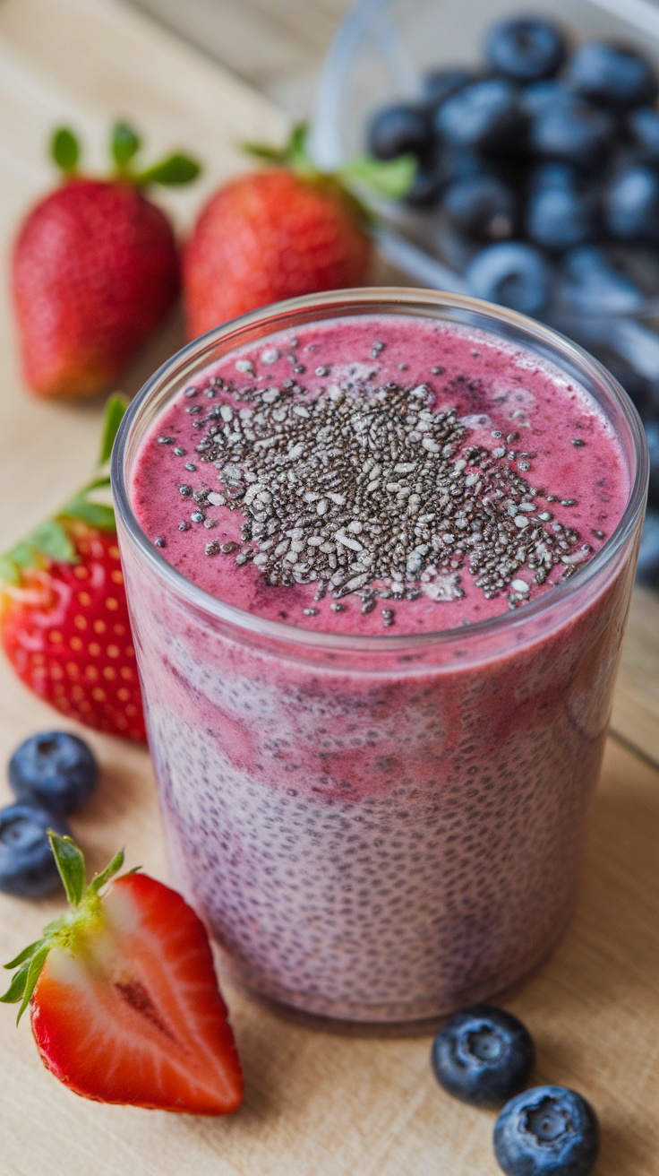 Smoothie de fresa, arándano y chía en un vaso, decorado con semillas de chía, con fresas y arándanos al lado.