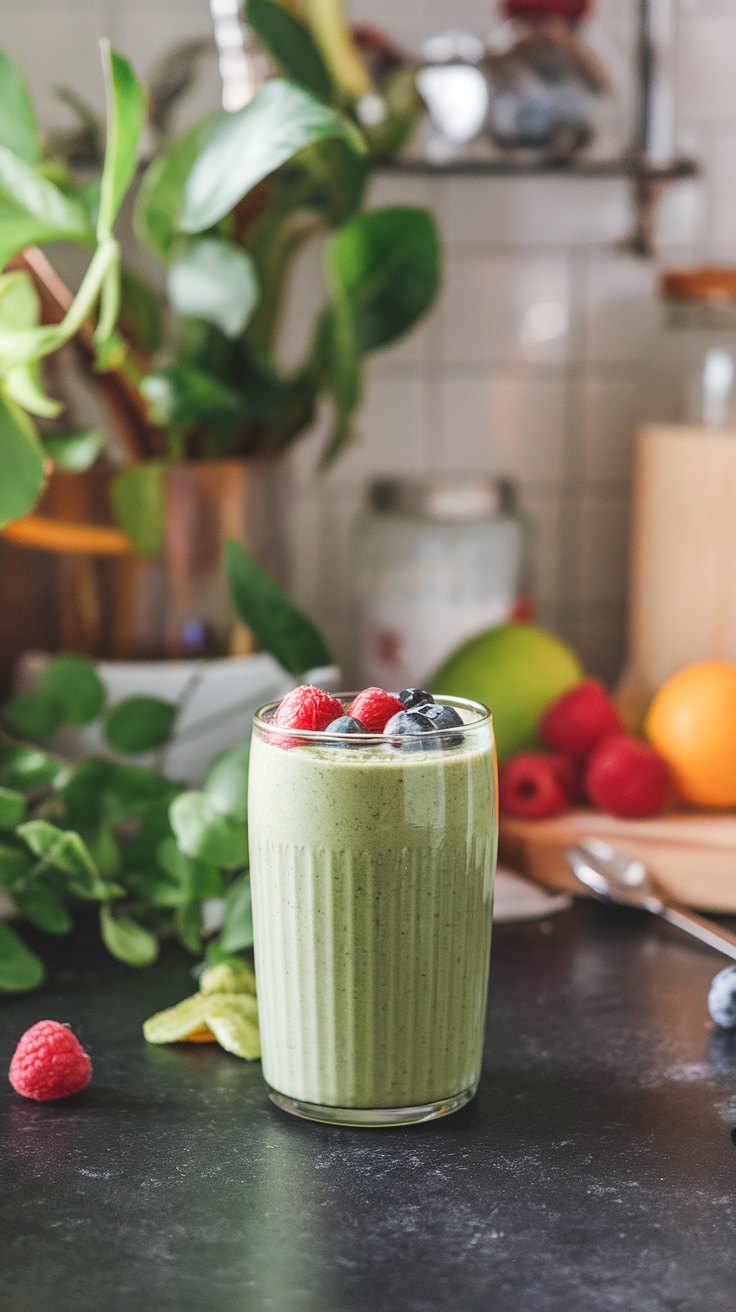 Smoothie verde con frambuesas y arándanos en un vaso