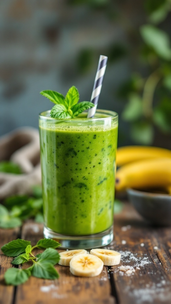 Smoothie verde con plátano y menta en un vaso