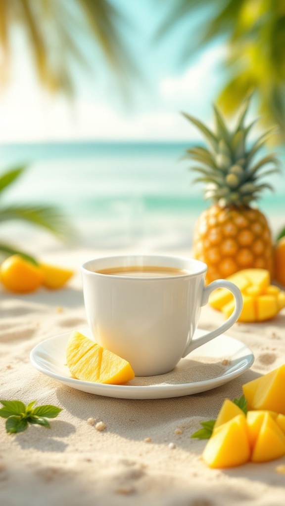 Una taza de té blanco con frutas tropicales, como piña y mango, en un entorno de playa.