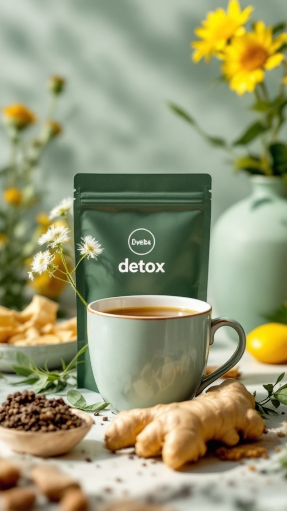 Una taza de té detox con jengibre, un paquete de té detox y flores amarillas en el fondo.