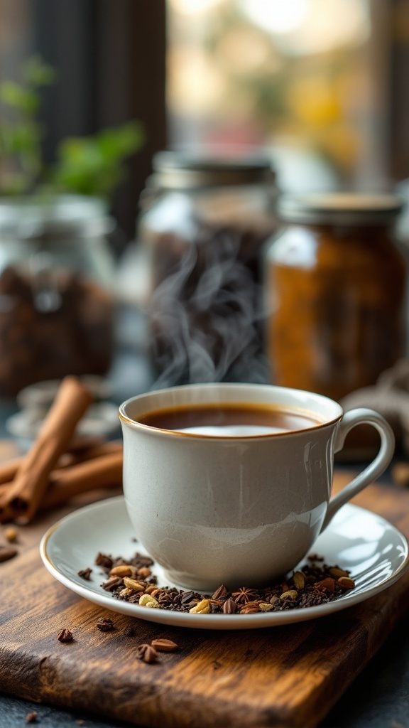 Taza de té negro con especias decorada con ingredientes en un plato