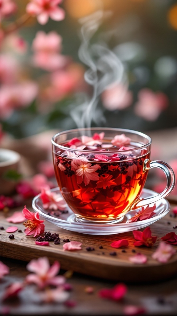 Taza de té oolong con flores de jamaica, decorada con pétalos de flores.