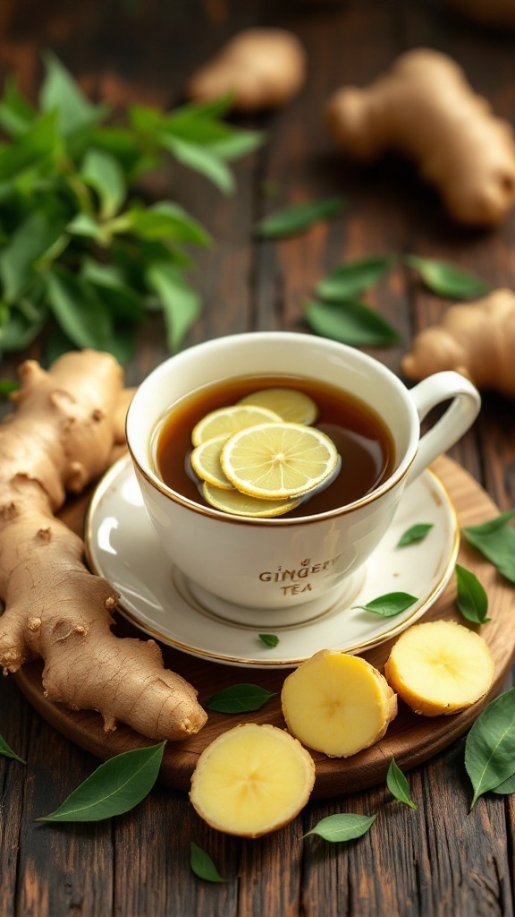 Té verde con rodajas de limón y jengibre fresco