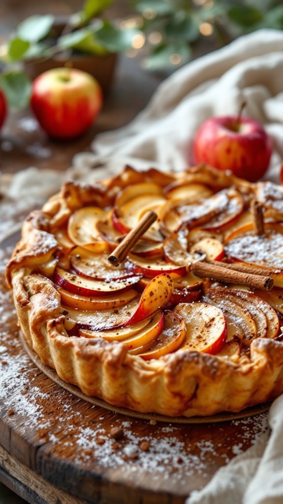 Tarta de manzana y canela con rodajas de manzana y canela en la parte superior.