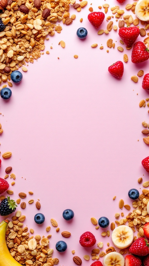 Tazón de granola con frutas frescas, incluyendo fresas, plátanos y arándanos, sobre un fondo rosa.