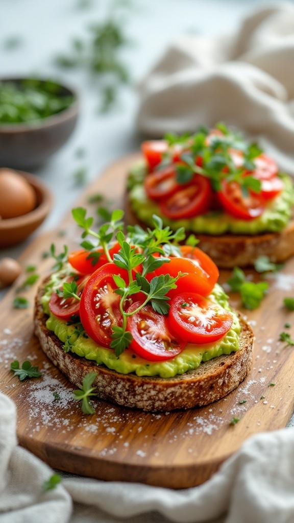 Tostadas de aguacate con tomates cherry y hierbas frescas sobre una tabla de madera.