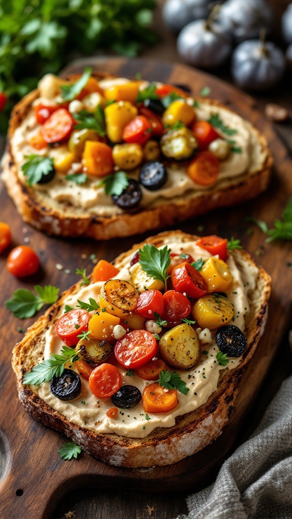 Tostadas con hummus y vegetales asados, decoradas con hierbas frescas.