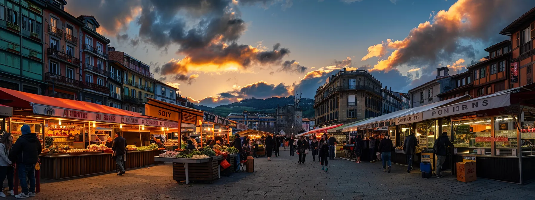 un vibrante mercado gastronómico en gros, donde exquisitos pintxos se sirven bajo un cálido atardecer, con el majestuoso monte igueldo de fondo y una arquitectura contemporánea que resalta la rica tradición culinaria vasca.