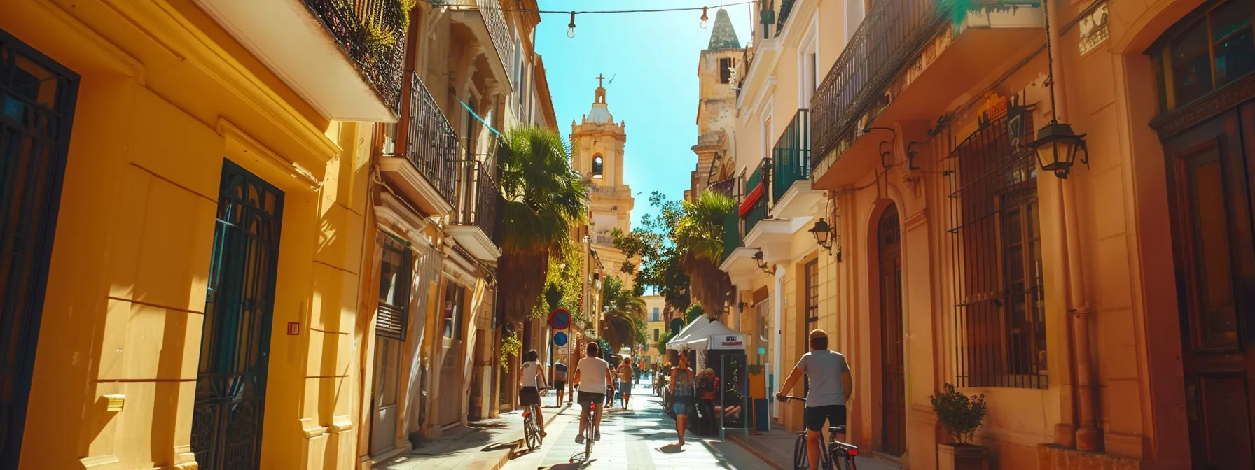 una escena vibrante de las coloridas calles de gros, donde elegantes edificios históricos como el palacio de miramar y la iglesia del buen pastor se entrelazan con ciclistas disfrutando del aire libre bajo un cálido sol, capturando la esencia de una ciudad animada y accesible.