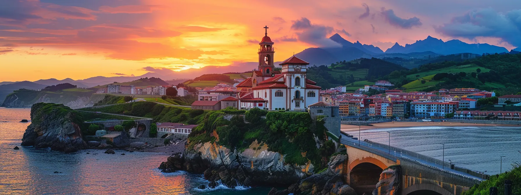 un vibrante atardecer ilumina la costa vasca en gros, donde se alza majestuosamente la iglesia de san ignacio mientras el monte ulía ofrece senderos llenos de exuberante vegetación y vistas impresionantes.