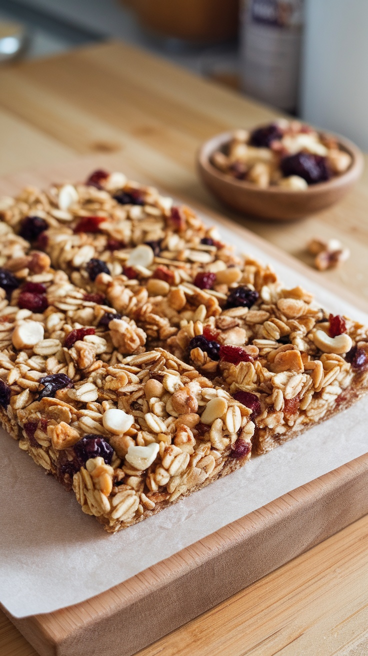 Barras de granola caseras sobre una tabla de madera, con frutos secos al lado.