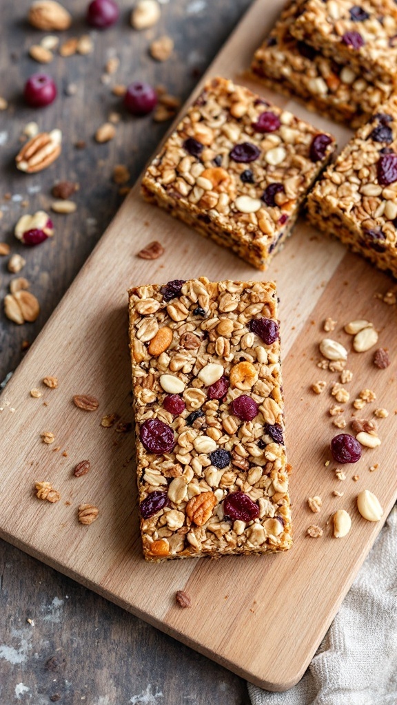 Barritas de granola caseras sobre una tabla de madera