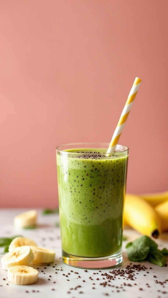 Batido verde de espinaca y plátano en un vaso con una pajilla de rayas.