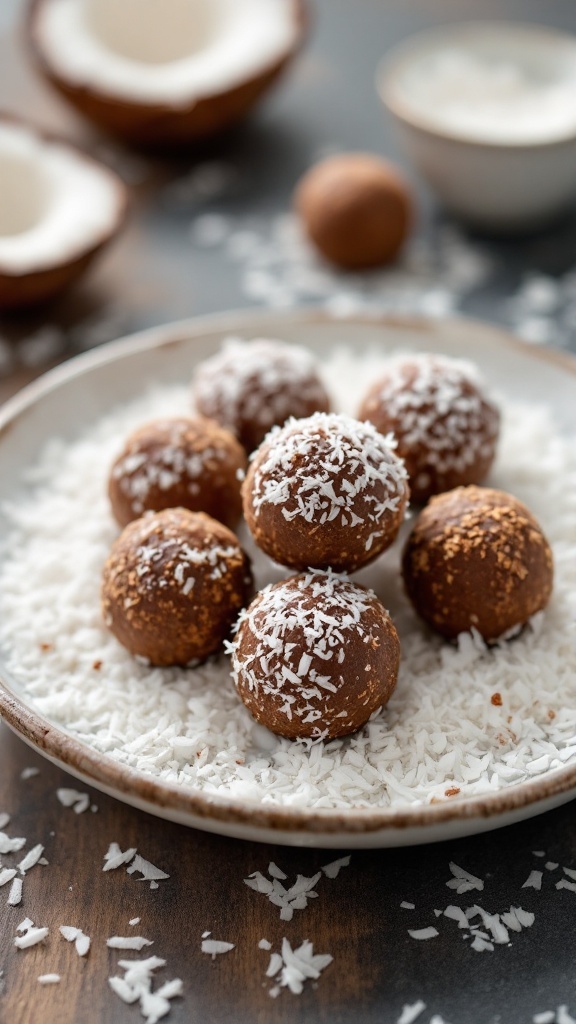 Bolas energéticas de cacao y coco en un plato sobre coco rallado.