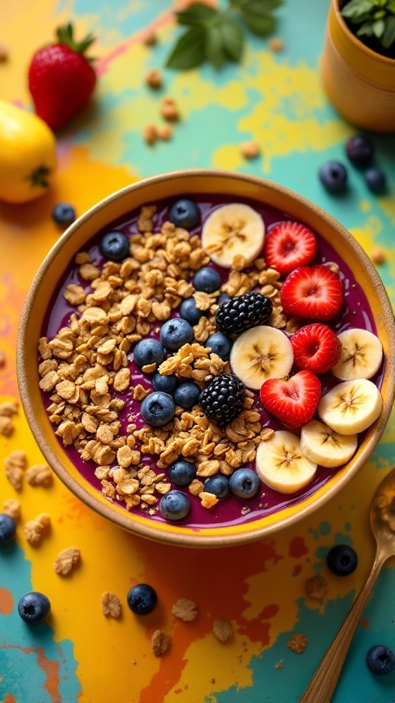 Un bowl de açaí decorado con granola y frutas como fresas, plátano, moras y arándanos.