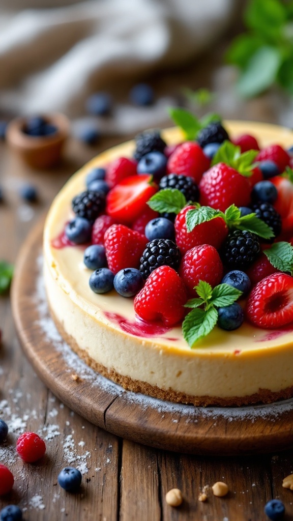 Cheesecake de anacardo decorado con frutas frescas como fresas, moras y arándanos.