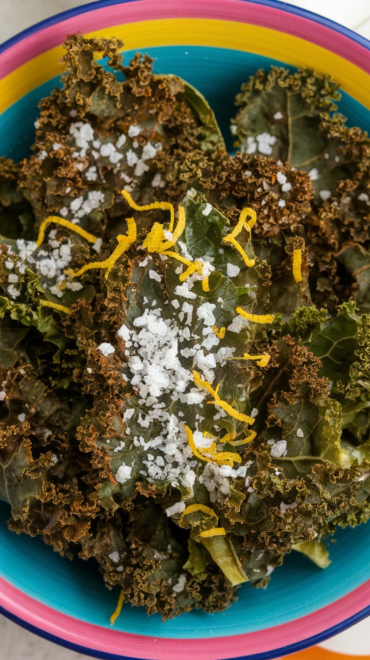 Chips de kale al horno con sal y ralladura de limón en un tazón colorido.