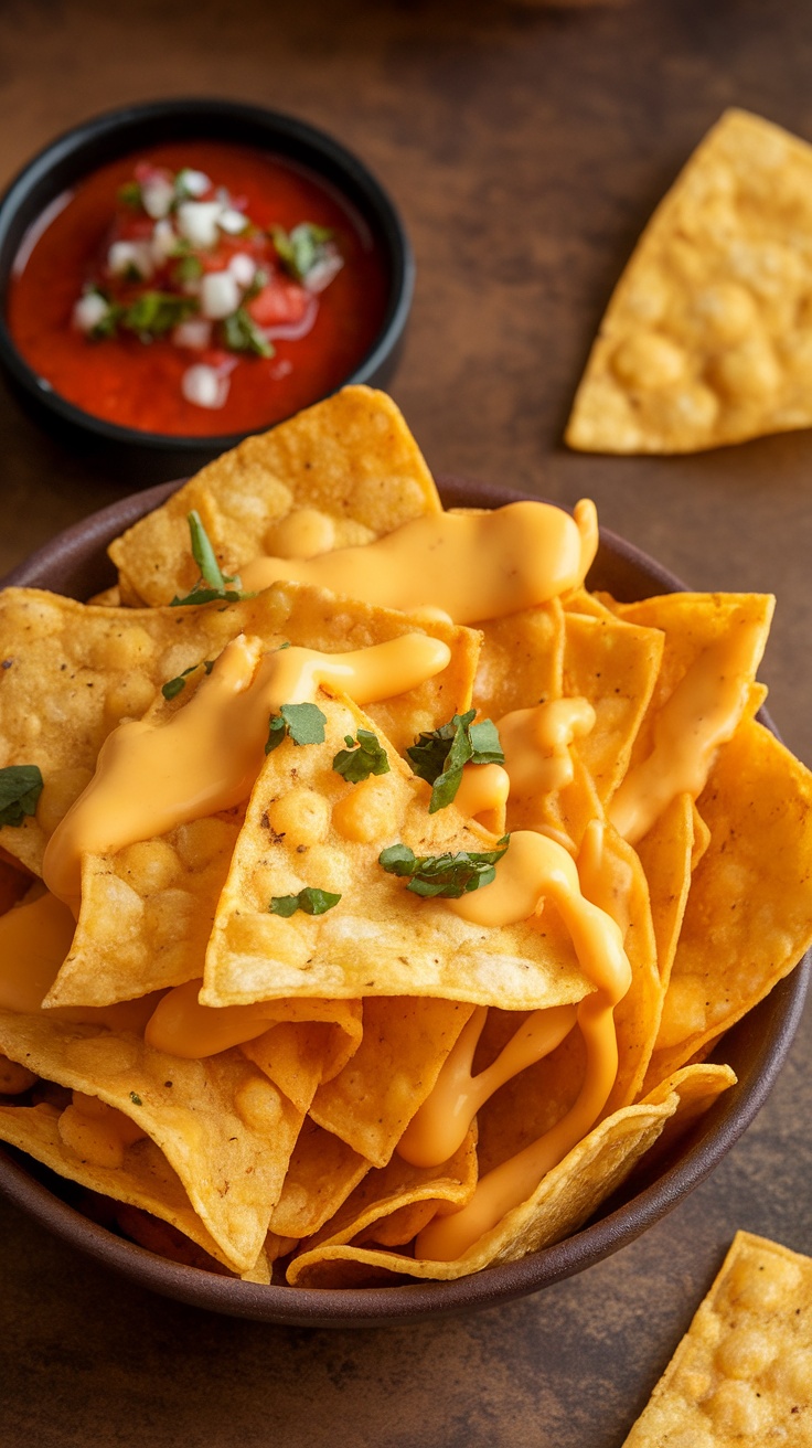 Chips de nacho cubiertos con queso vegano y acompañados de salsa roja.