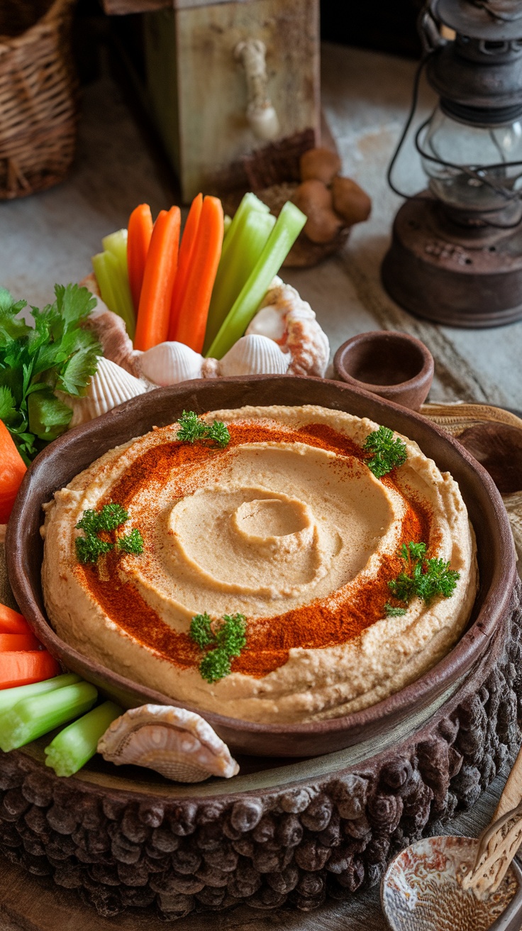 Crema de anacardos decorada con especias y acompañada de vegetales frescos