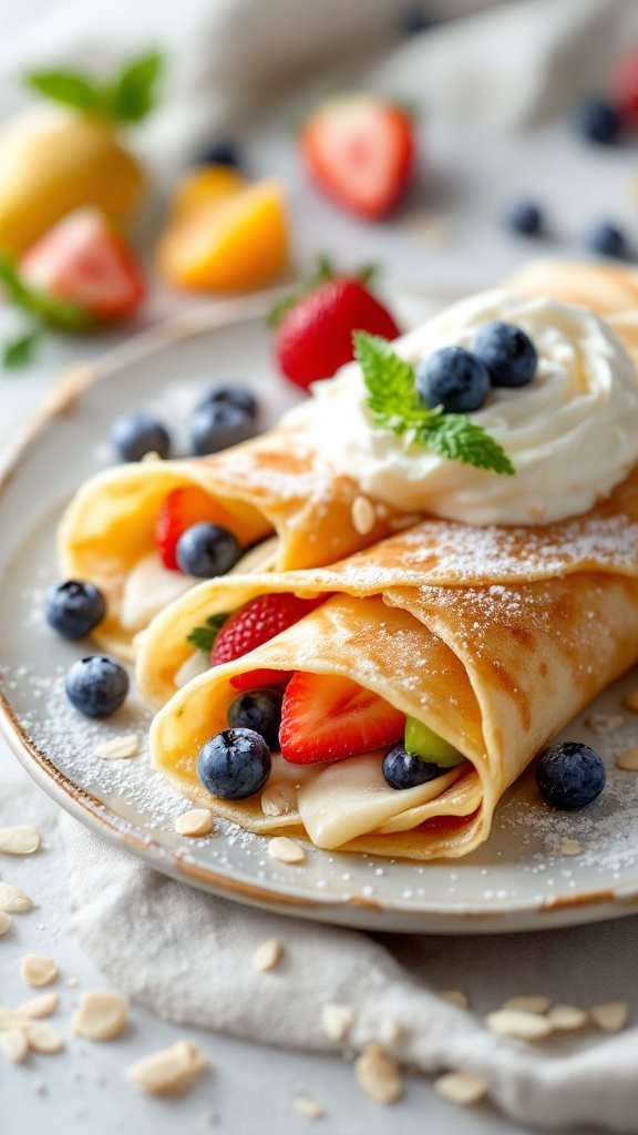 Deliciosas crepes de almendra con frutas frescas y crema