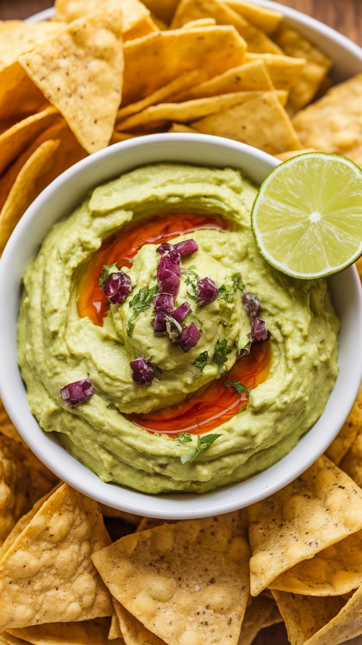 Dip cremoso de aguacate y limón en un tazón, rodeado de totopos